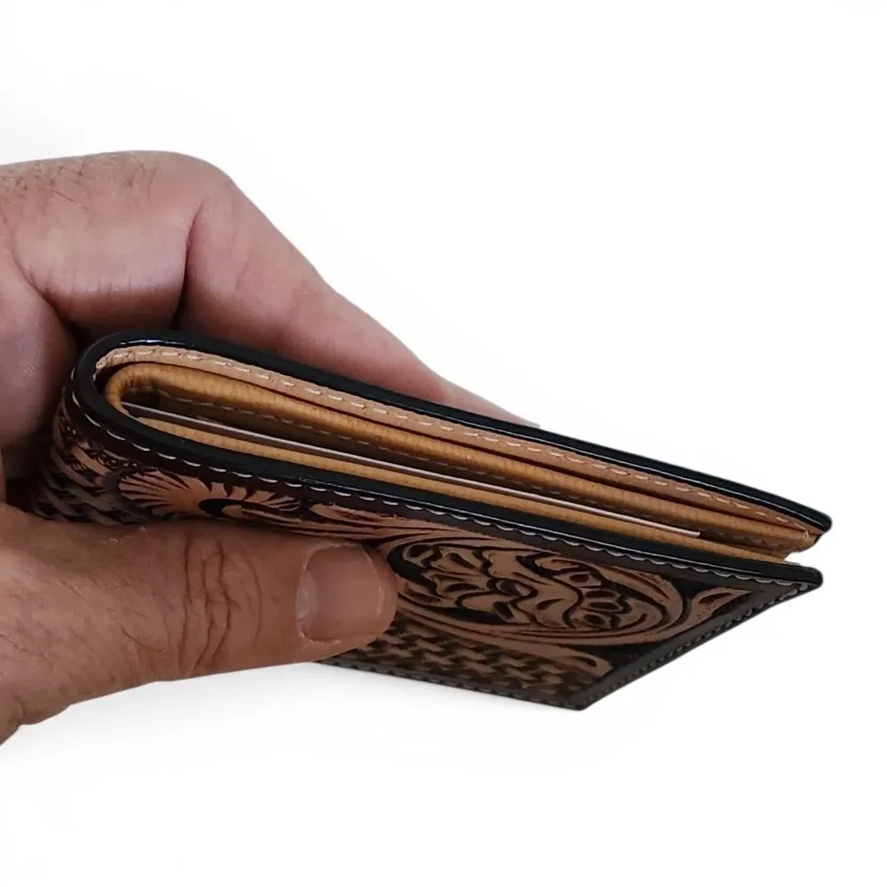 Ranger Belt Co H-306B Tooled Leather Bifold Wallet Basketweave Floral Brown NWT